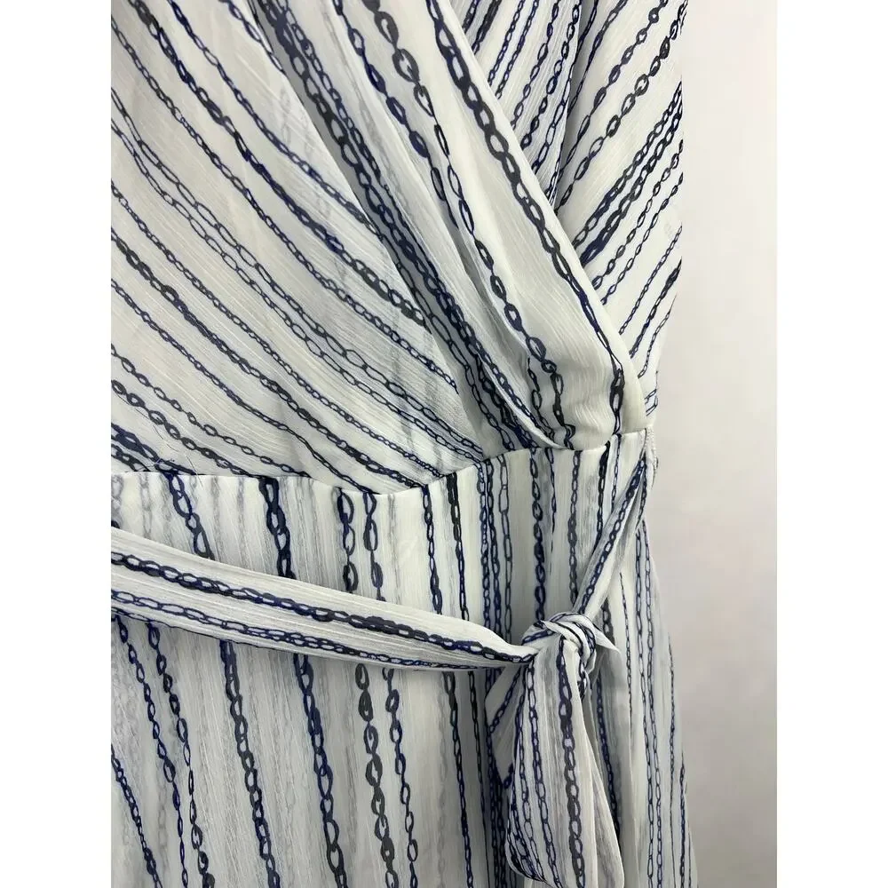 DKNY Wrap Dress, Blue White Chain Stripe, Sleeveless, Belted Asymmetrical Hem - Picture 4 of 13